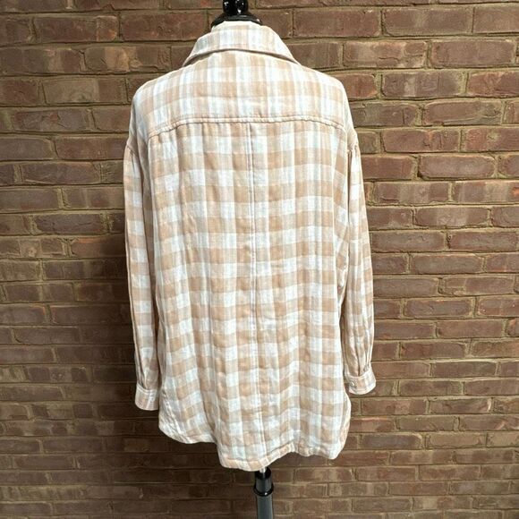 Wishlist Womens Tan/Cream Gingham Check Button Up Pleated Sleeve Top Size M NEW - Picture 4 of 7